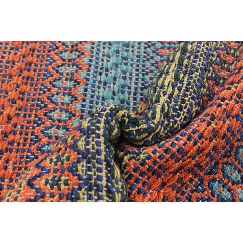 Flat-weave Bold and Colorful Blue, Copper Wool Kilim Rug