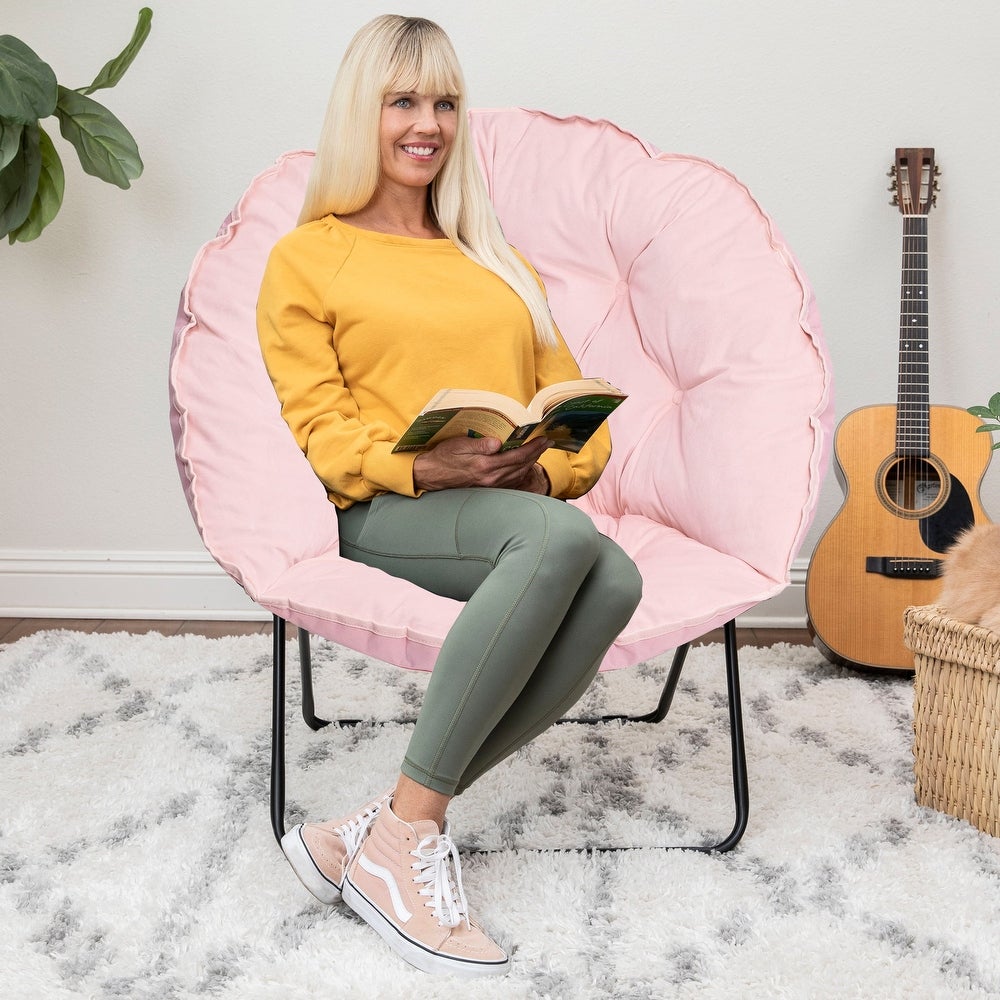 Folding Round Chair with High Gloss Black Frame in Tufted Velvet Fabri