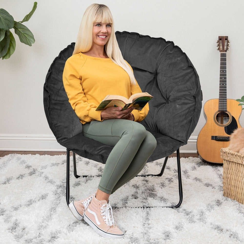 Folding Round Chair with High Gloss Black Frame in Tufted Velvet Fabric, Black