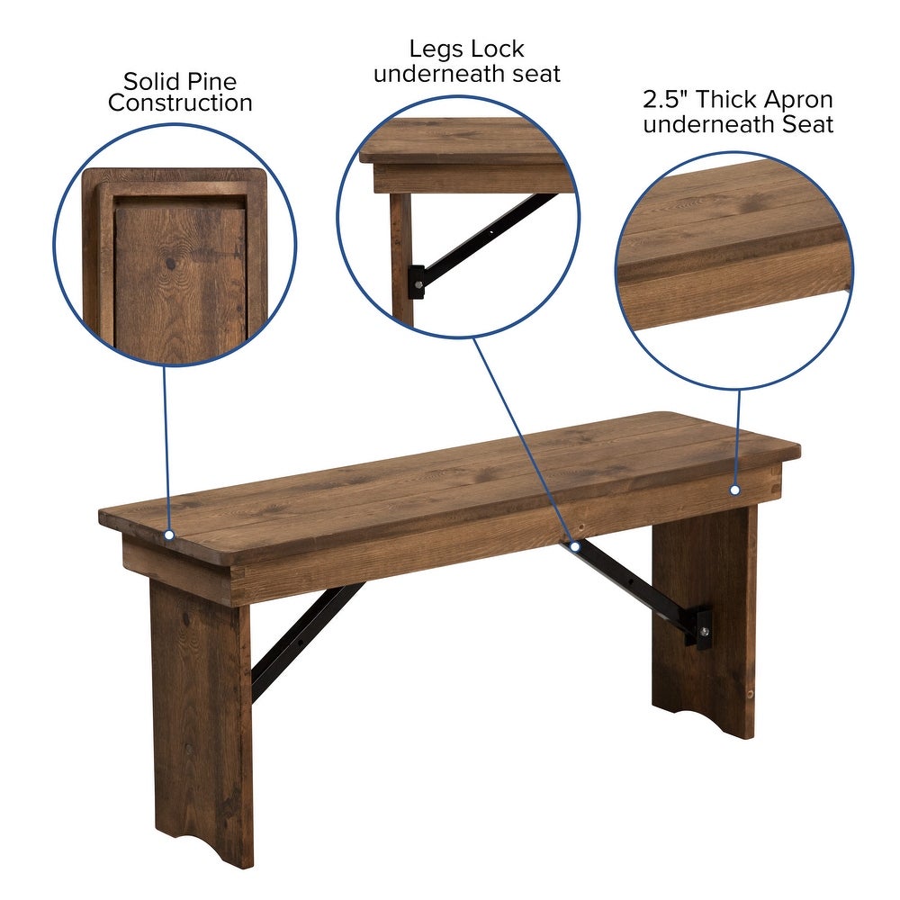 HERCULES Series 40'' x 12'' Antique Rustic Solid Pine Folding Farm Bench