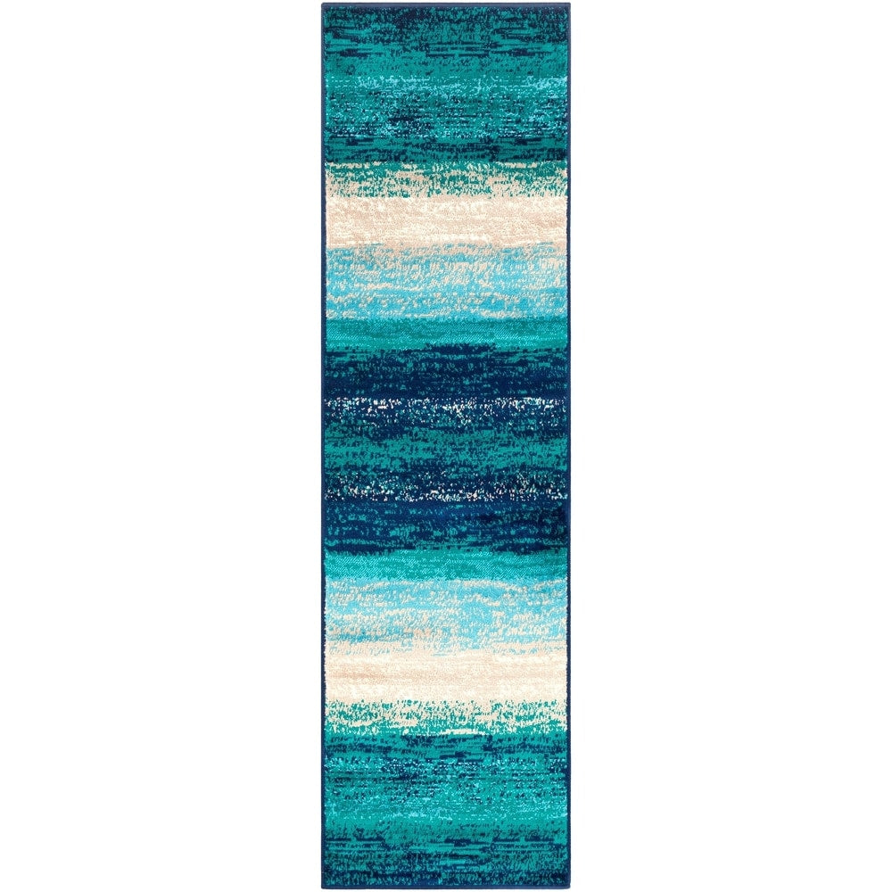 Contemporary Striped Teal Aqua Blue Cream Area Rug