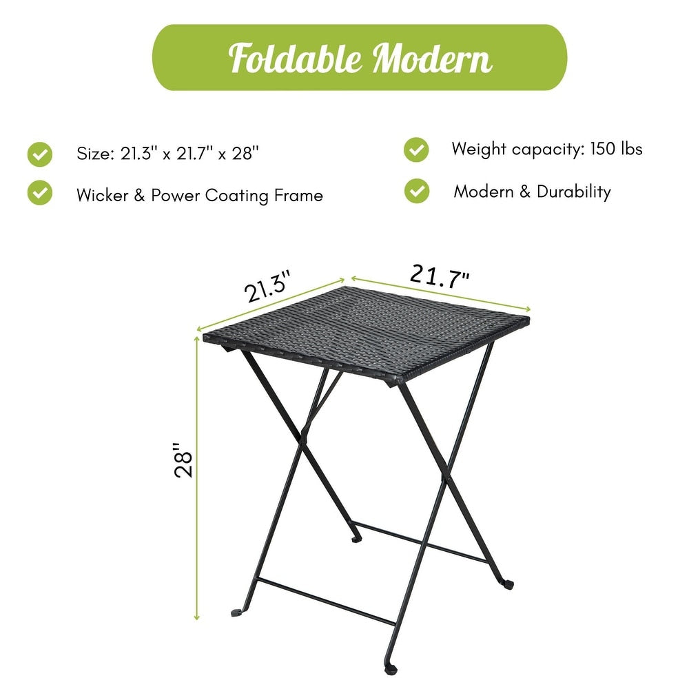 Patio Black PE Wicker Folding Bistro Set One Table With Two Chairs And Two Beige Cushion, Black