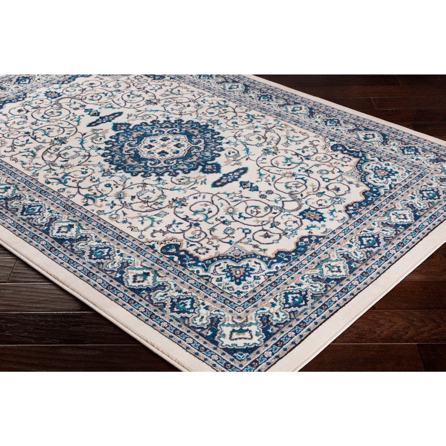 Traditional Medallion Ivory Navy Blue Area Rug