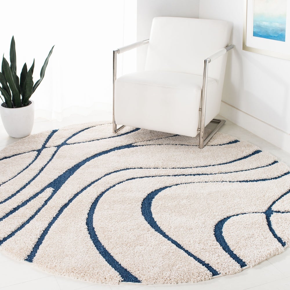 Florida Shag Sigtraud Abstract Waves Thick Soft Area Rug Cream/Blue