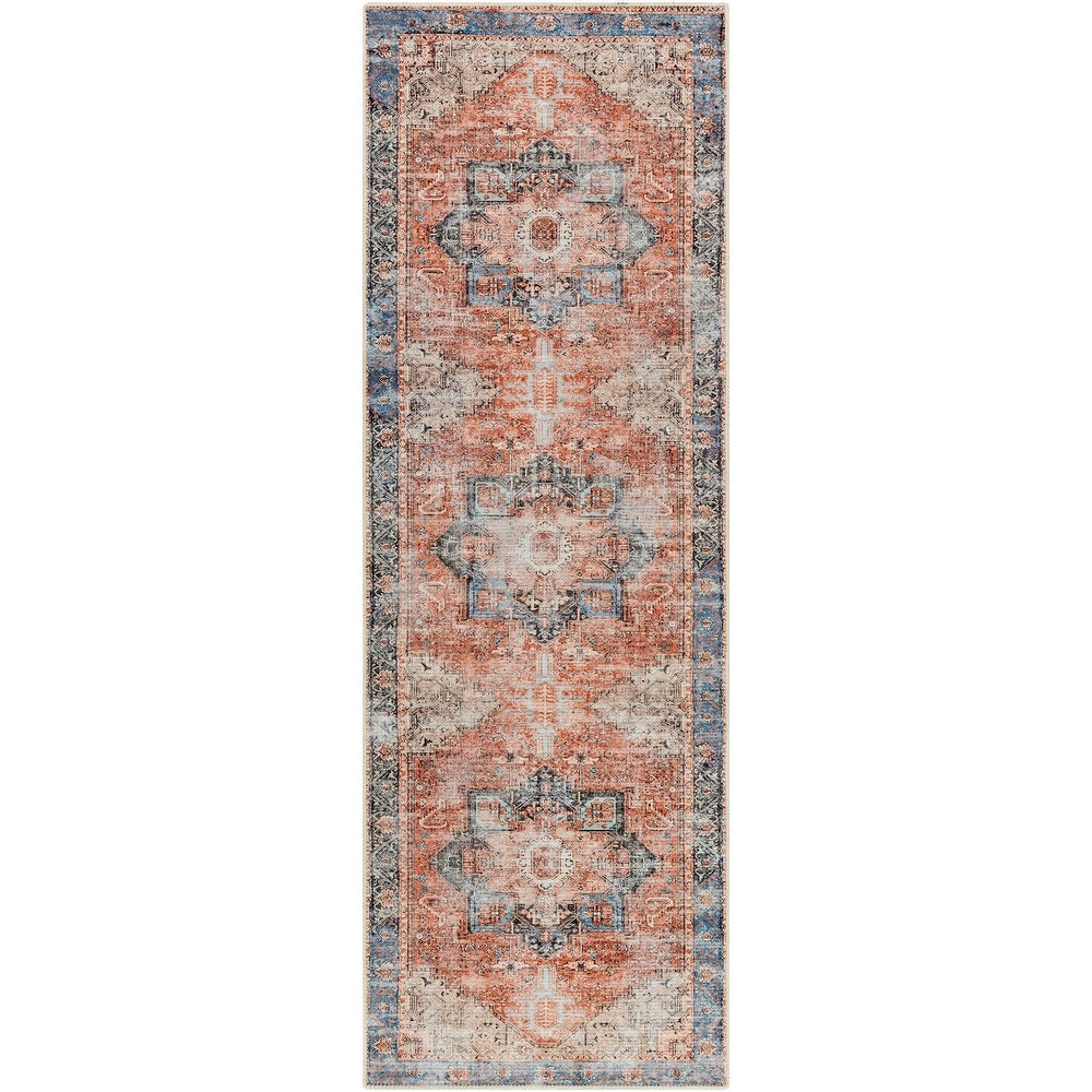 Rose Vintage Medallion Machine Washable Area Soft Rug - Rust Blue