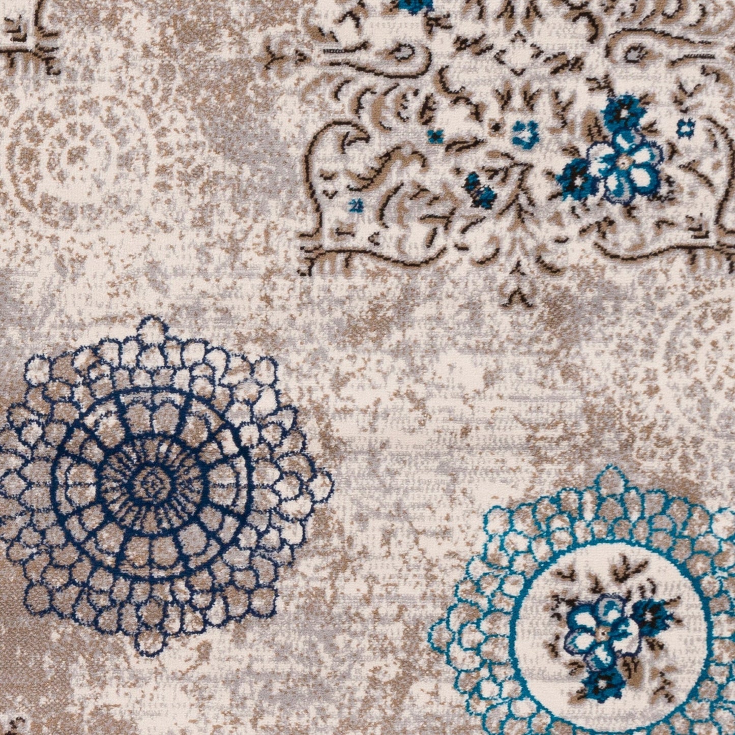Floral Circle Ivory Grey Blue Brown Area Rug