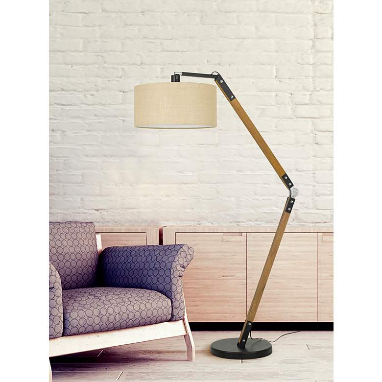 Freeport Matte Black and Wood Arc Floor Lamp