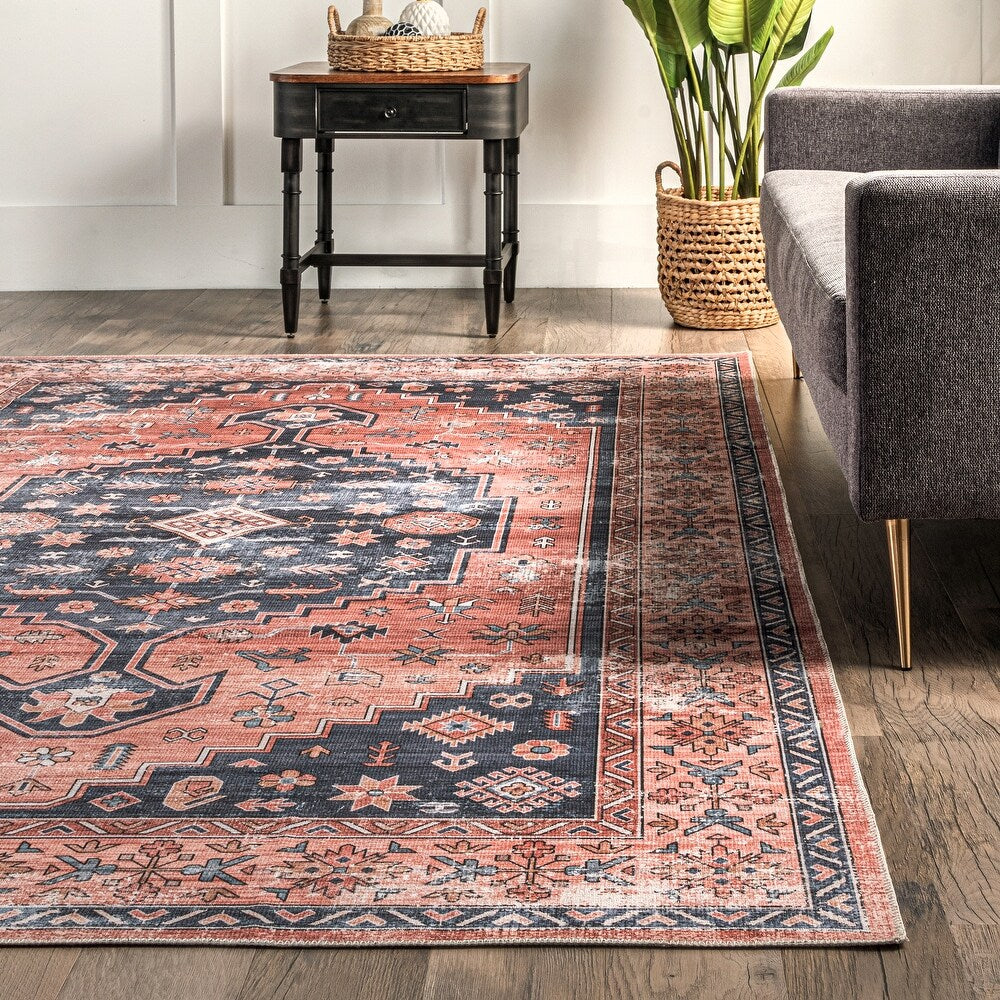 Medallion Bordered Machine Washable Area Rug