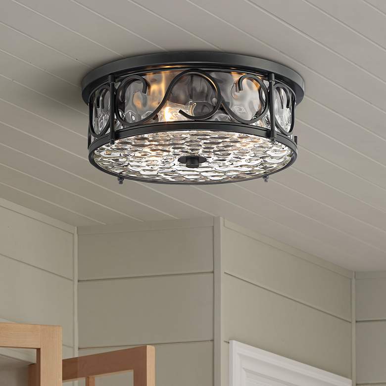 Paseo 17" Wide Hammered Glass Matte Black Outdoor Ceiling Light