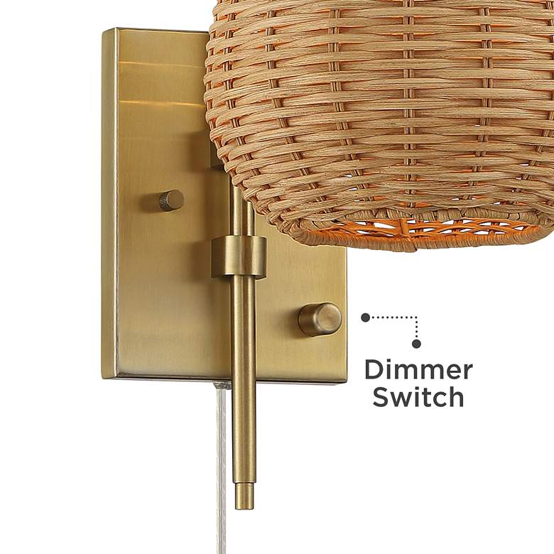 Willa Warm Gold Swing Arm Plug-In Wall Light with Wicker Shade
