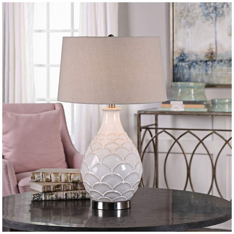 Camellia Distressed Gloss White Ceramic Table Lamp