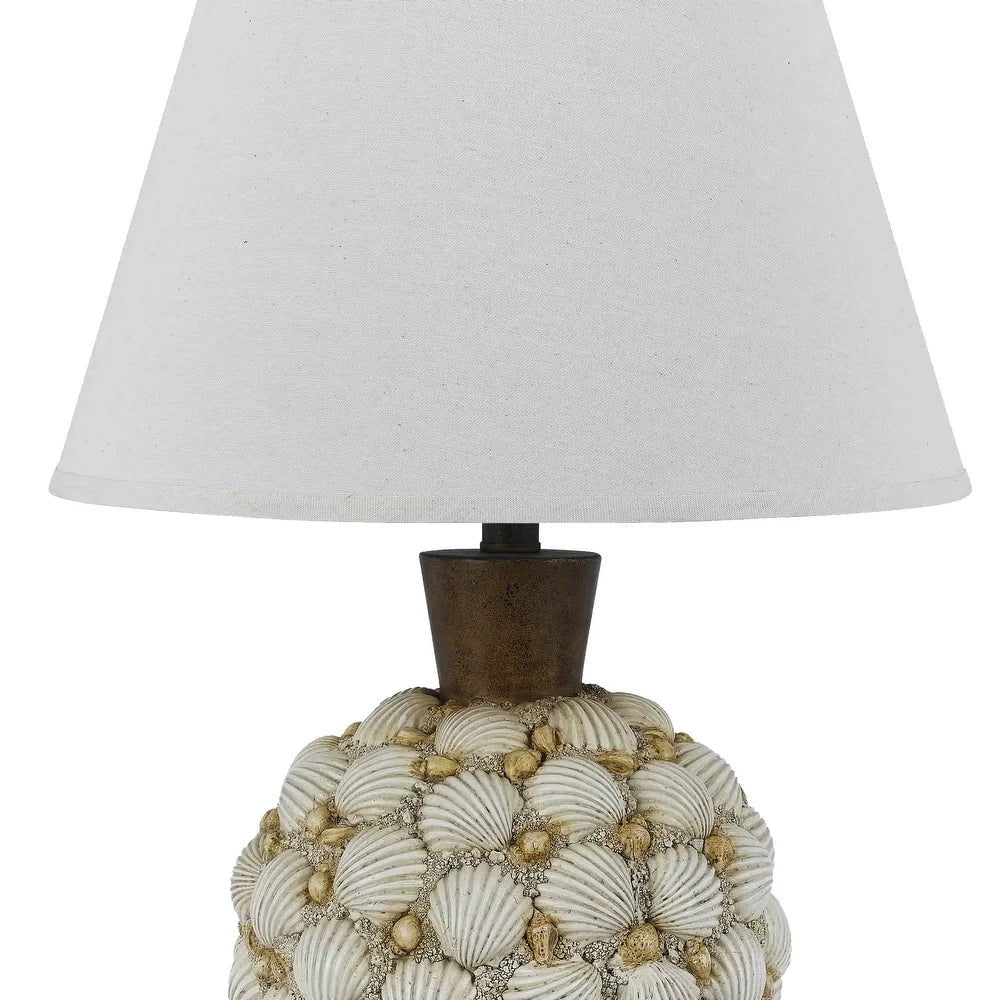 150 Watt Seashell Embellished Polyresin Table Lamp, Off White and Brown