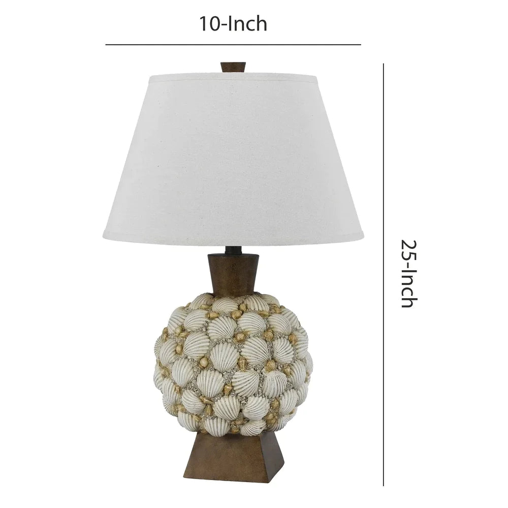 150 Watt Seashell Embellished Polyresin Table Lamp, Off White and Brown