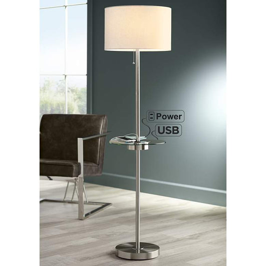 Caper Brushed Nickel Tray Table Floor Lamp with USB Port and Outlet