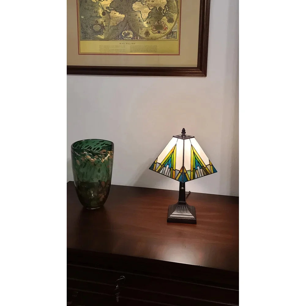 15" Tiffany White Yellow and Blue Mission Style Table Lamp - 14 x 15 x 9