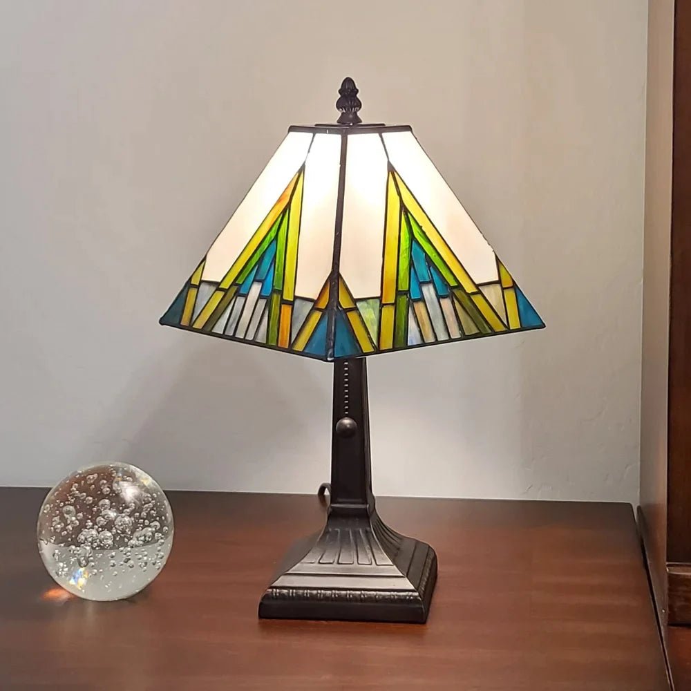 15" Tiffany White Yellow and Blue Mission Style Table Lamp - 14 x 15 x 9