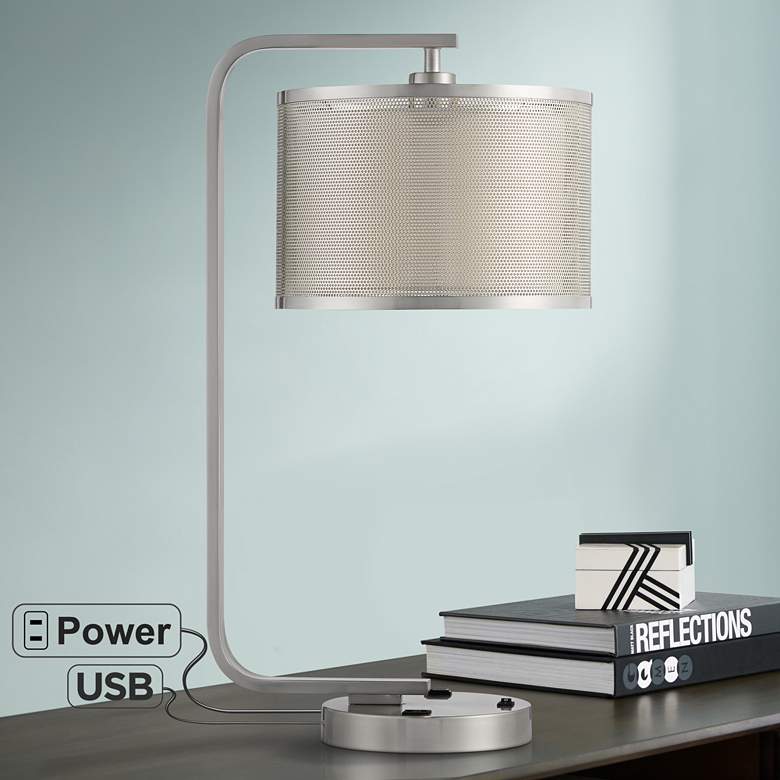 Possini Euro Colfax Brushed Nickel Desk Lamp with USB Ports and Outlet