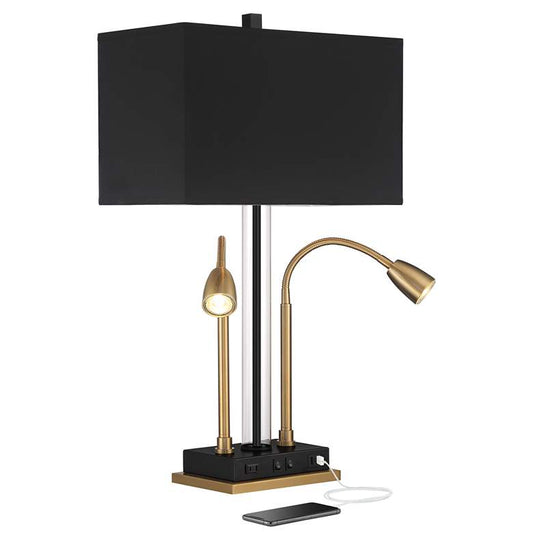 Griffin Gold and Black Dual Gooseneck Desk Lamp with USB Ports and Outlet