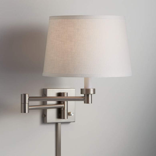 White Linen Brushed Nickel Plug-In Swing Arm with Cord Cover