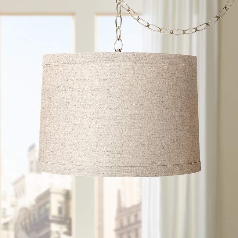 Linen Drum 16" Wide Antique Brass Plug-In Swag Chandelier