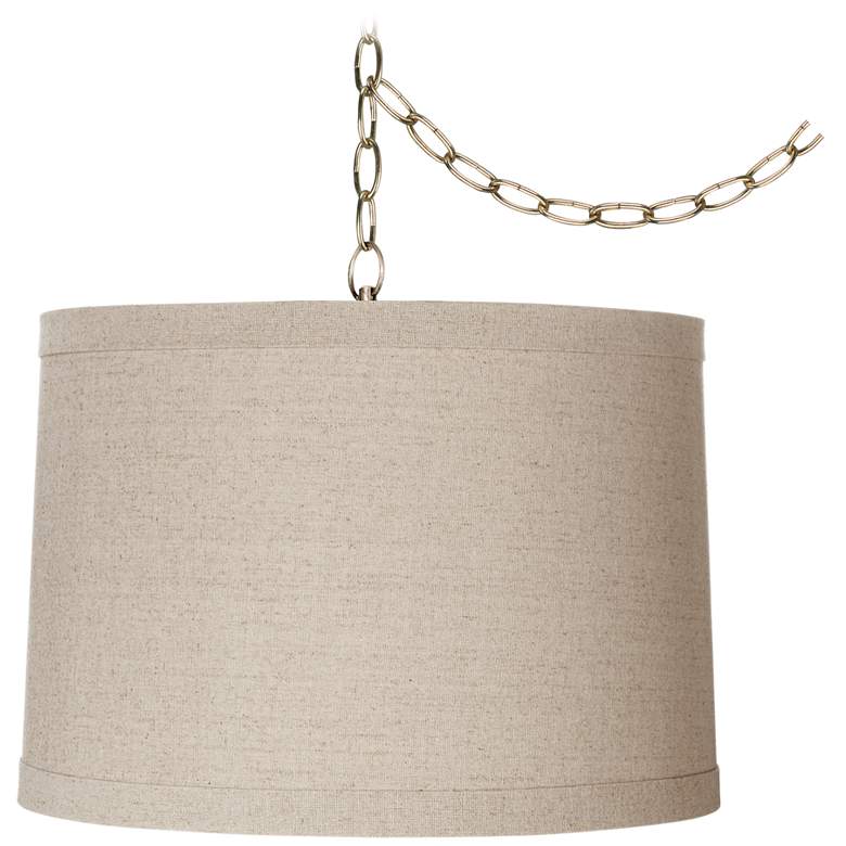 Linen Drum 16" Wide Antique Brass Plug-In Swag Chandelier