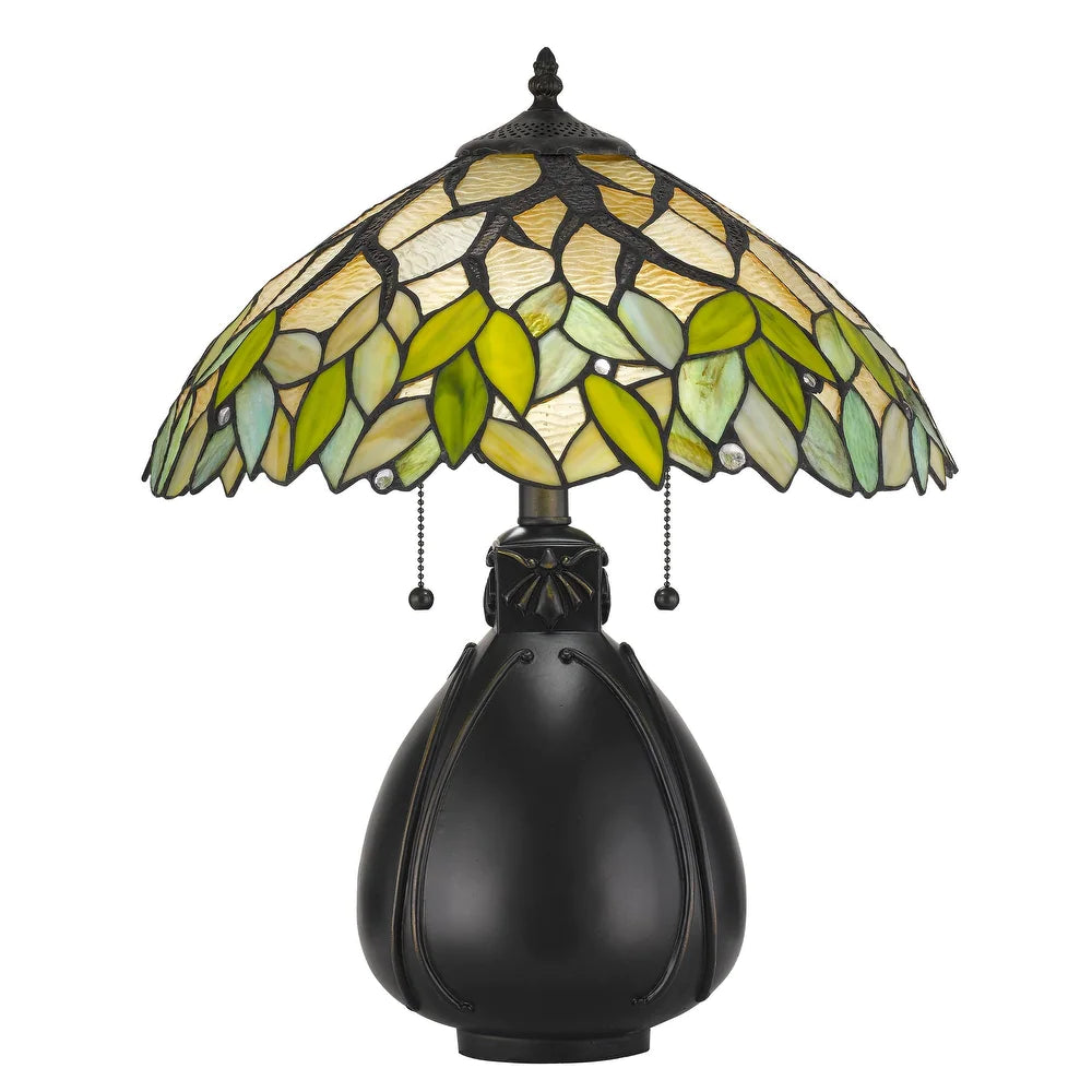 2 Bulb Tiffany Table Lamp with Leaf Design Glass Shade, Multicolor
