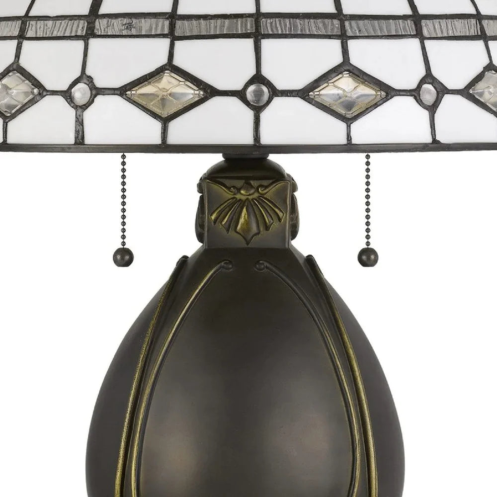 20 Inch Table Lamp with Tiffany Glass, Grey, Antique Brass