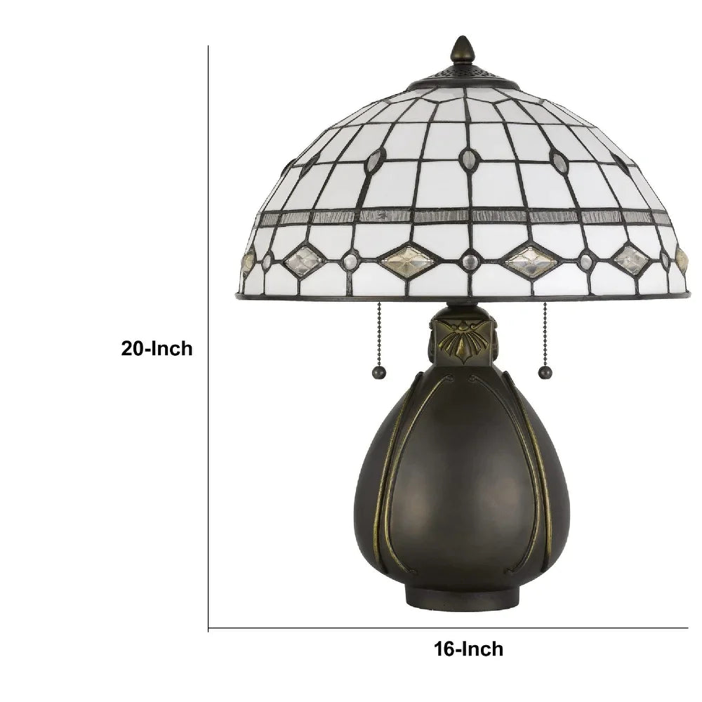 20 Inch Table Lamp with Tiffany Glass, Grey, Antique Brass