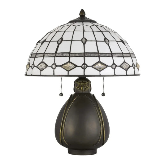 20 Inch Table Lamp with Tiffany Glass, Grey, Antique Brass