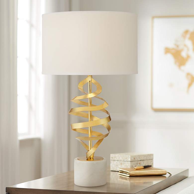 Euro Helix Brass and White Marble Modern Table Lamp with Dimmer