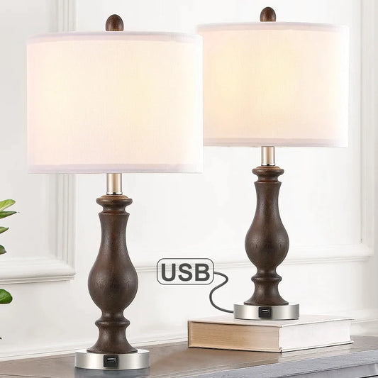 22.8 in. Mahogany and Brushed Nickel Table Lamp with USB Port and White Linen Shade (Set of 2) - 22.8"H