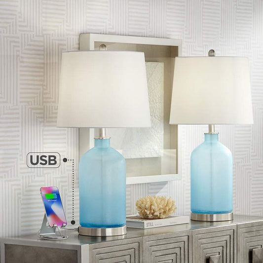Fairlane Blue Glass USB Table Lamps Set of 2