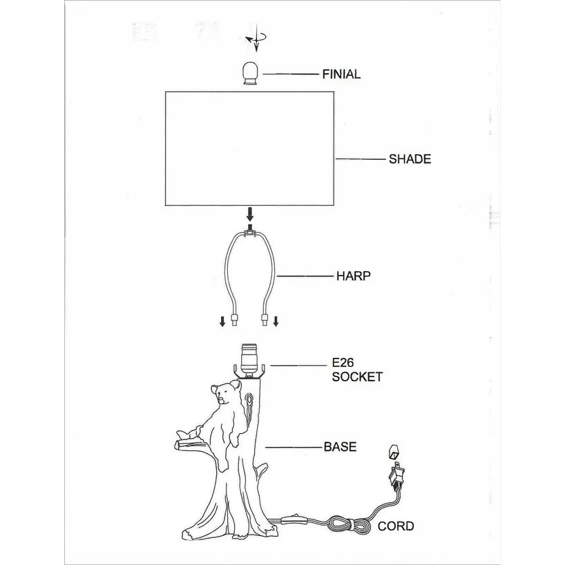 25 Inch Accent Table Lamp, Hardback Fabric Shade, Bear Accent, Black, White