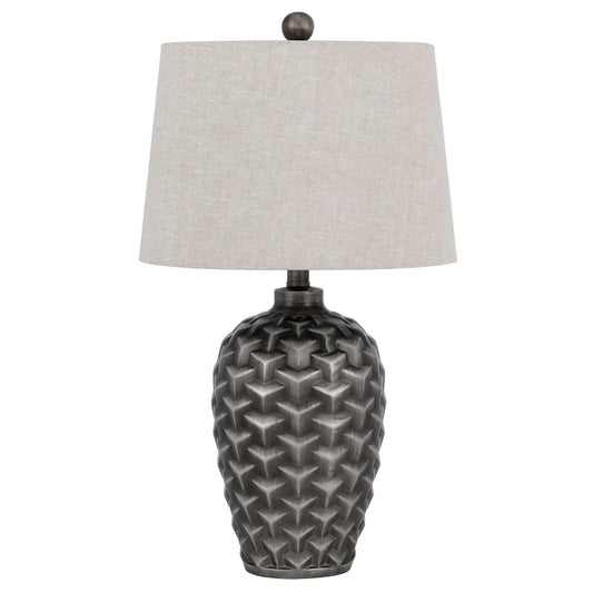 25 Inch Urn Base Table Lamp with 3D Trellis Pattern, Silver