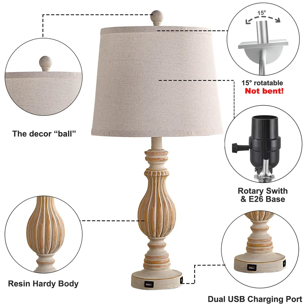 26" Bedside Nightstand Lamp with Dual USB Ports Set of 2 Without bulb