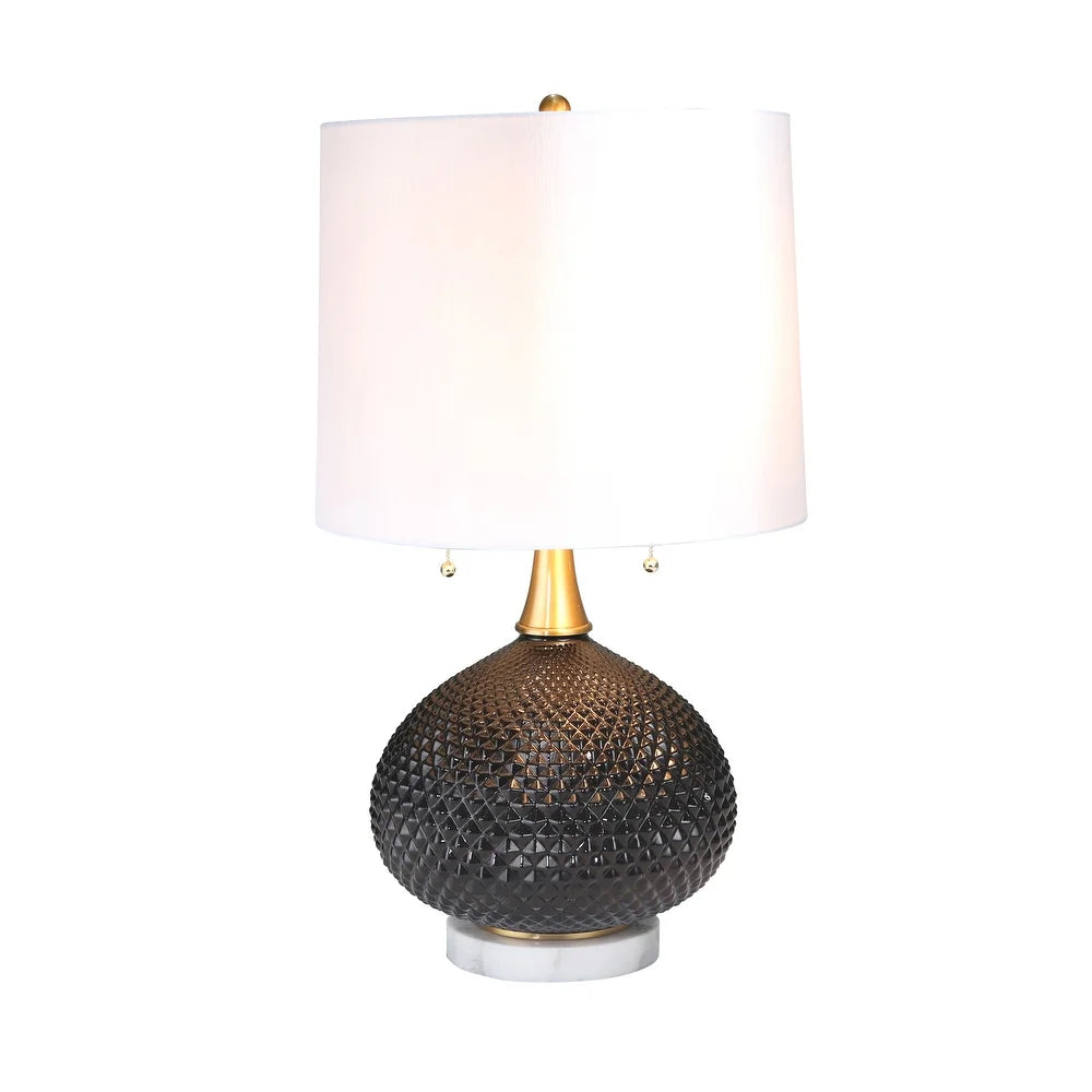 27 Inch Glass Table Lamp with Round Base and Carved Diamond Pattern, Black