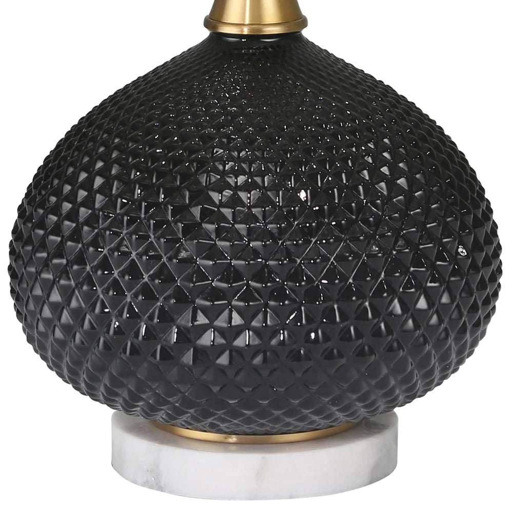 27 Inch Glass Table Lamp with Round Base and Carved Diamond Pattern, Black