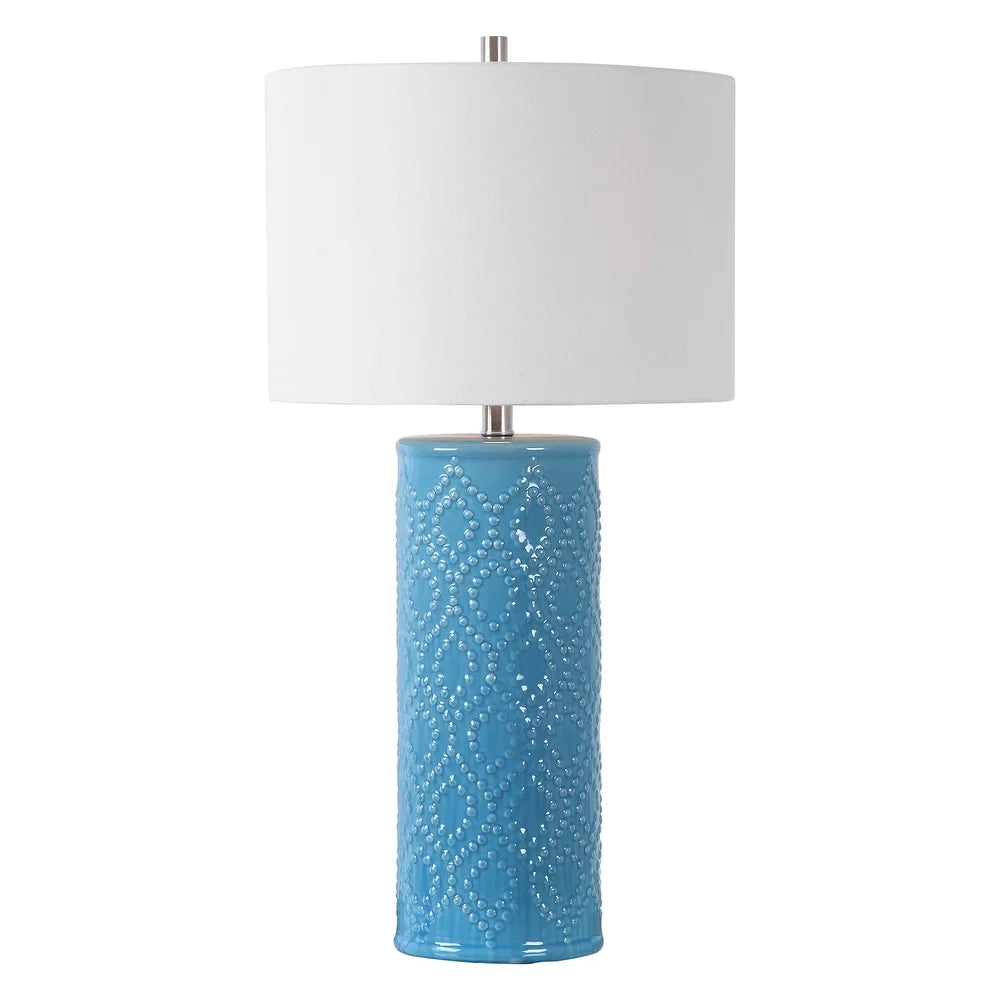 28 Inch 150W Ceramic Base Drum Shade Table Lamp, Blue