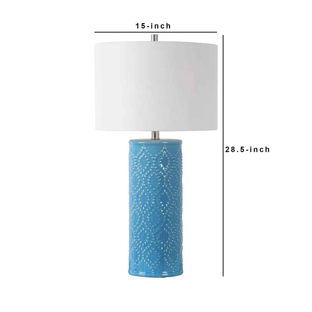 28 Inch 150W Ceramic Base Drum Shade Table Lamp, Blue