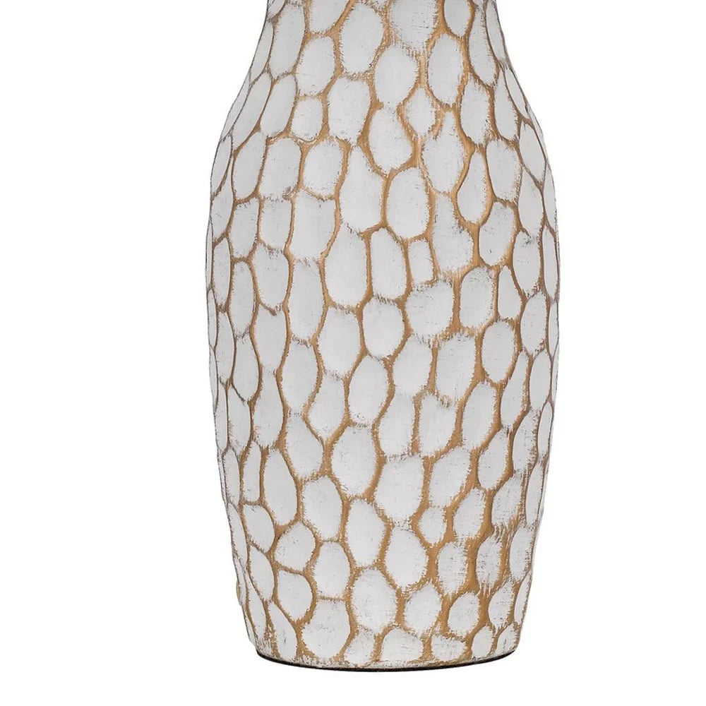 28 Inch Accent Table Lamp, Geometric Drum Shade, Metal Base, White, Silver