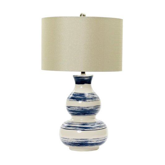 28-inch Striped Ceramic Table Lamp in White with Navy Brushstrokes.