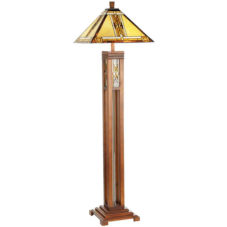 Walnut Mission Tiffany Style Floor Lamp with Night Light