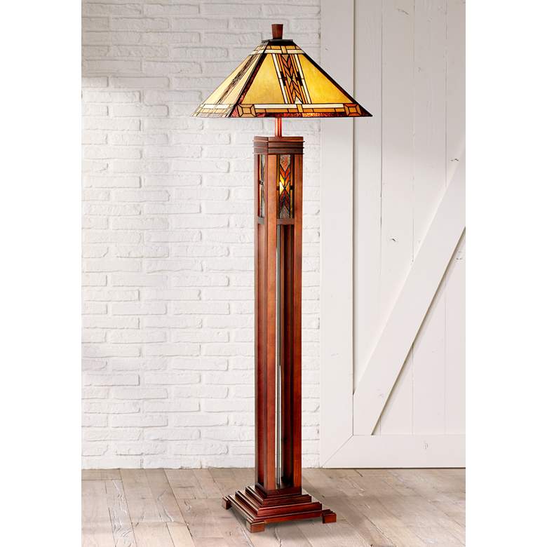 Walnut Mission Tiffany Style Floor Lamp with Night Light