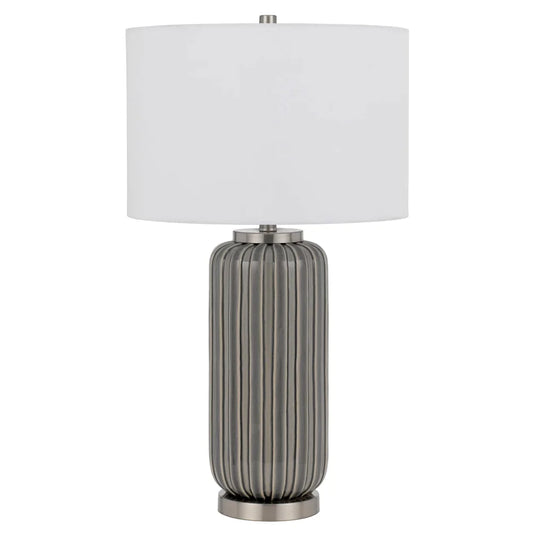 29 Inch Ceramic Curved Table Lamp with Stripes, Dimmer, Grey