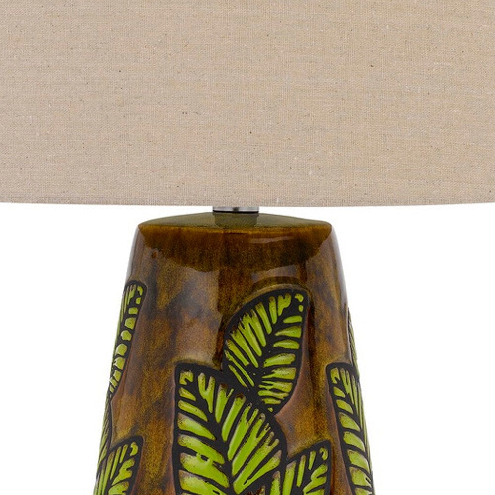 29 Inch Ceramic Table Lamp with Dimmer, Leaf Base, Brown