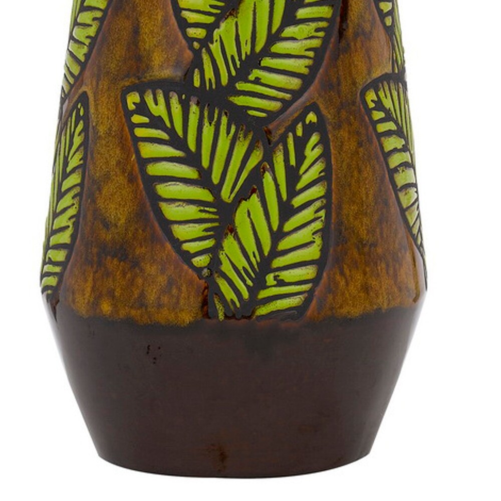 29 Inch Ceramic Table Lamp with Dimmer, Leaf Base, Brown