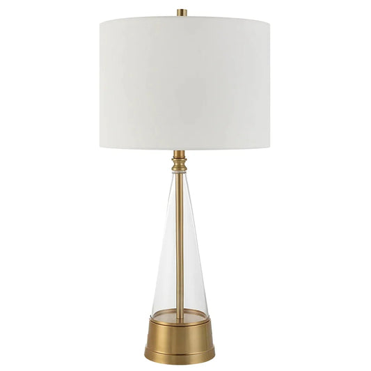 29 Inch Metal Table Lamp, Cone Shaped Glass Base, Antique Brass, White