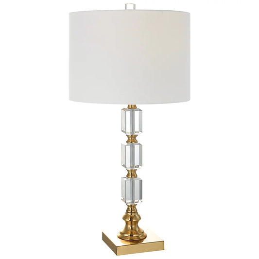 29 Inch Metal Table Lamp, Stacked Crystals, Antique Brass, White