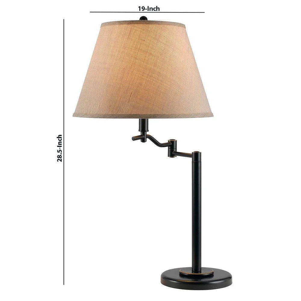 3 Way Metal Body Table Lamp with Swing Arm and Conical Fabric Shade, Black