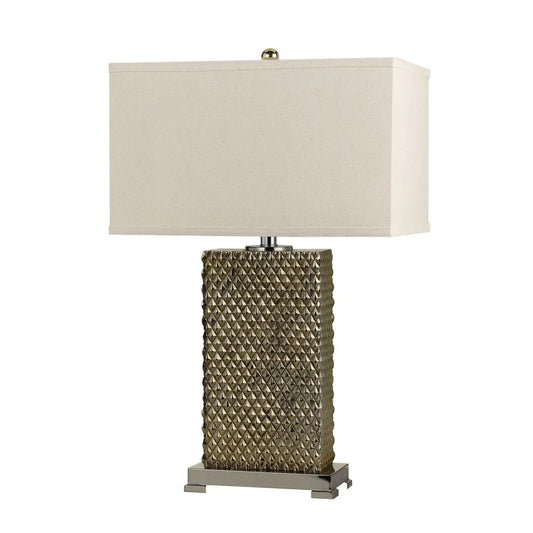 3 Way Table Lamp with Studded Diamond Pattern Ceramic Base, Cream and Gold - 26.5 H x 17 W x 11 L Inches